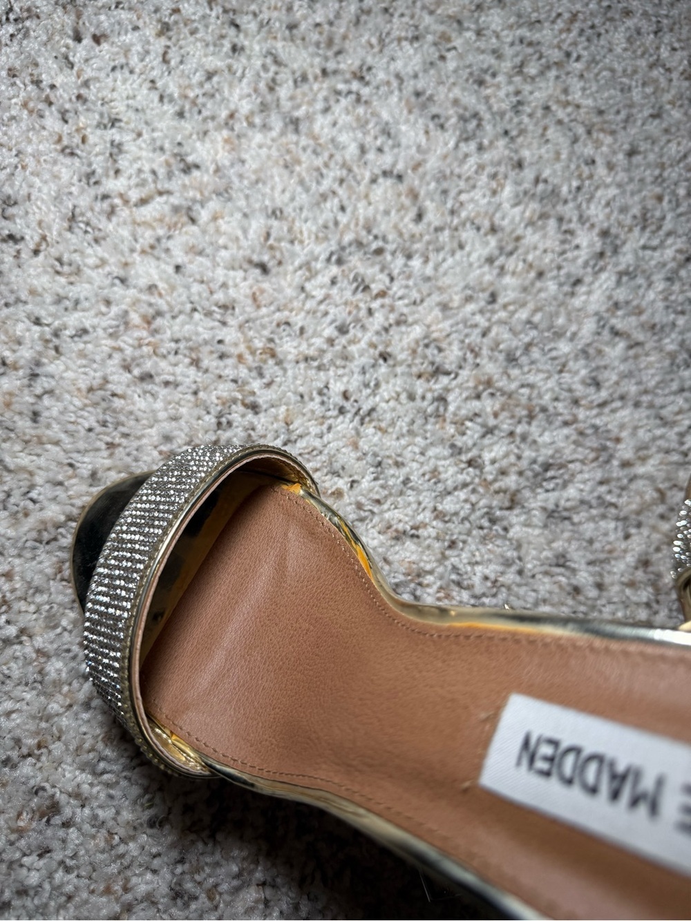 Steve Madden Metallic Gold Rhinestone Strap Ankle-Heel Sandals - Picture 8 of 10